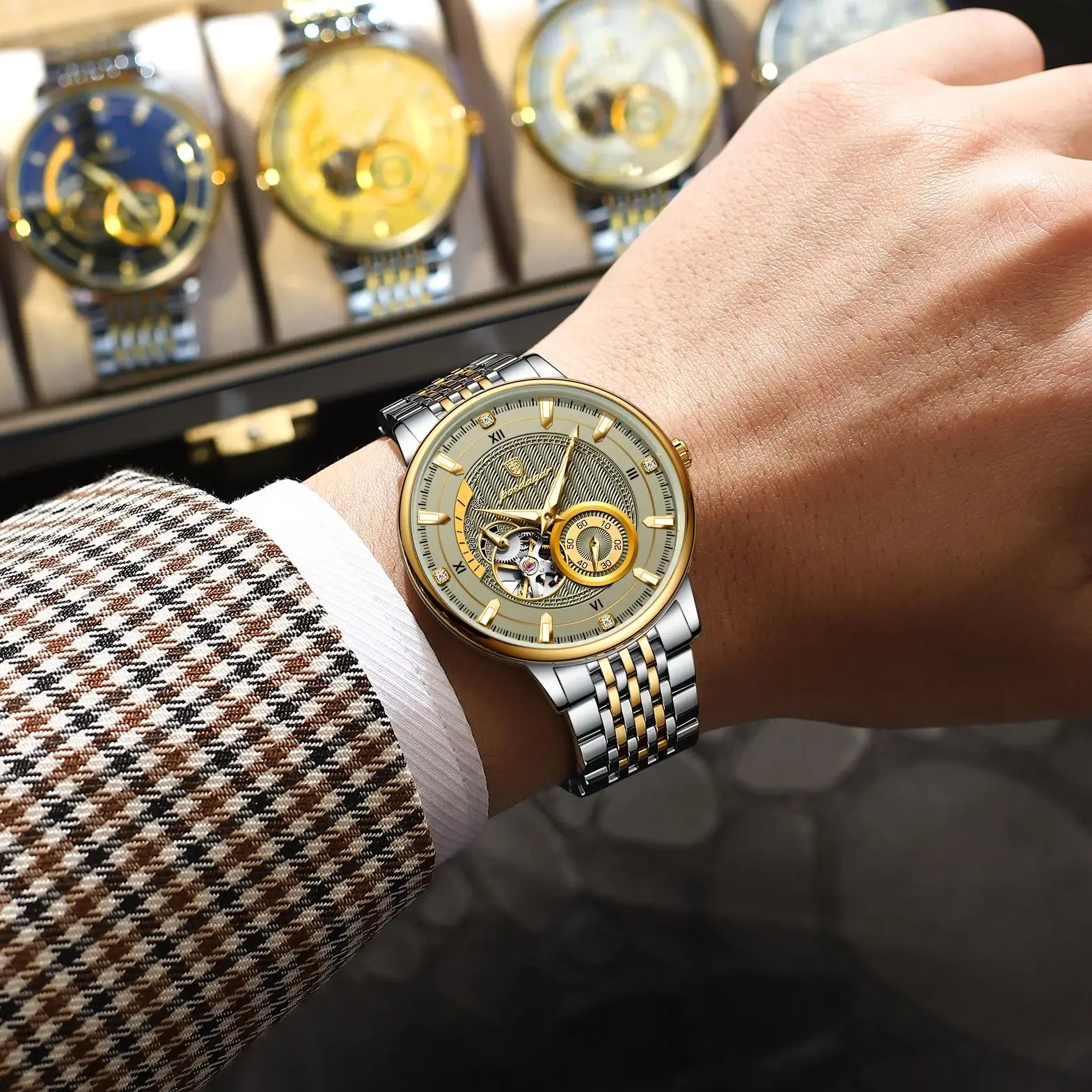 POEDAGAR Luxury Man Wristwatch Top Automatic Mechanical Luminous Men Watch Hollow Tourbillon Stainless Steel Men's Watches Reloj