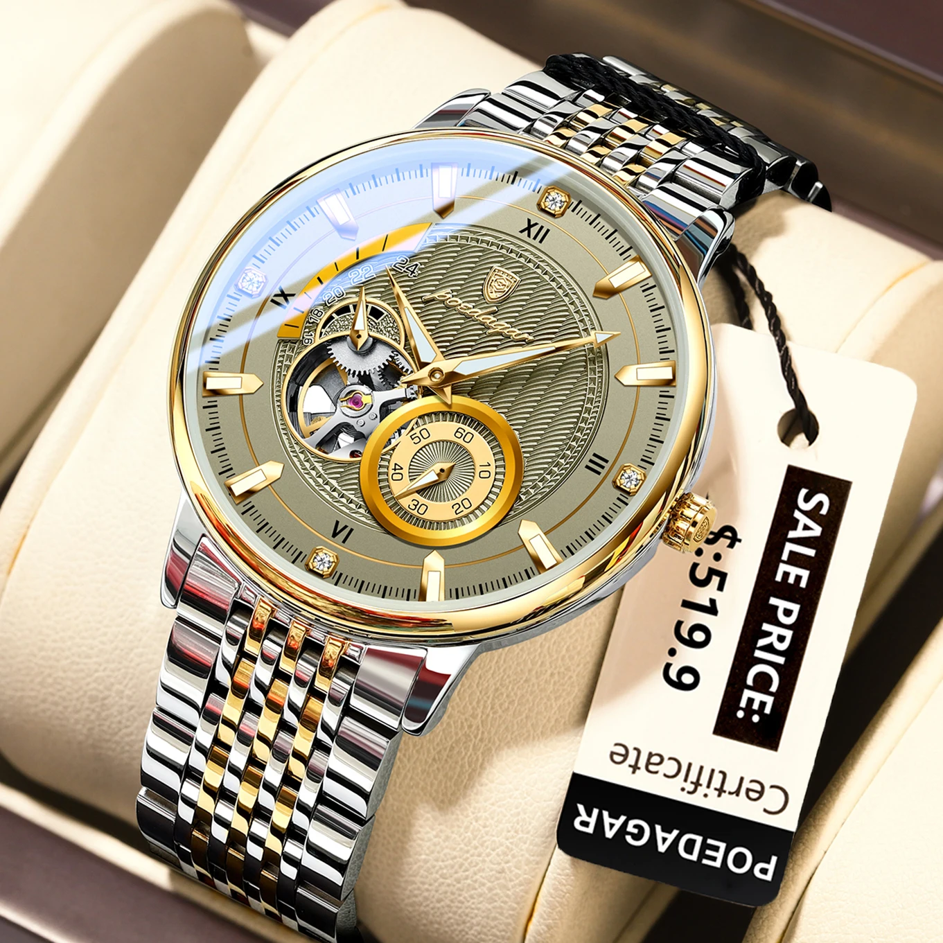 POEDAGAR 1416-A men’s automatic mechanical watch with stainless steel bracelet, skeleton dial, luminous hands, and sapphire crystal.