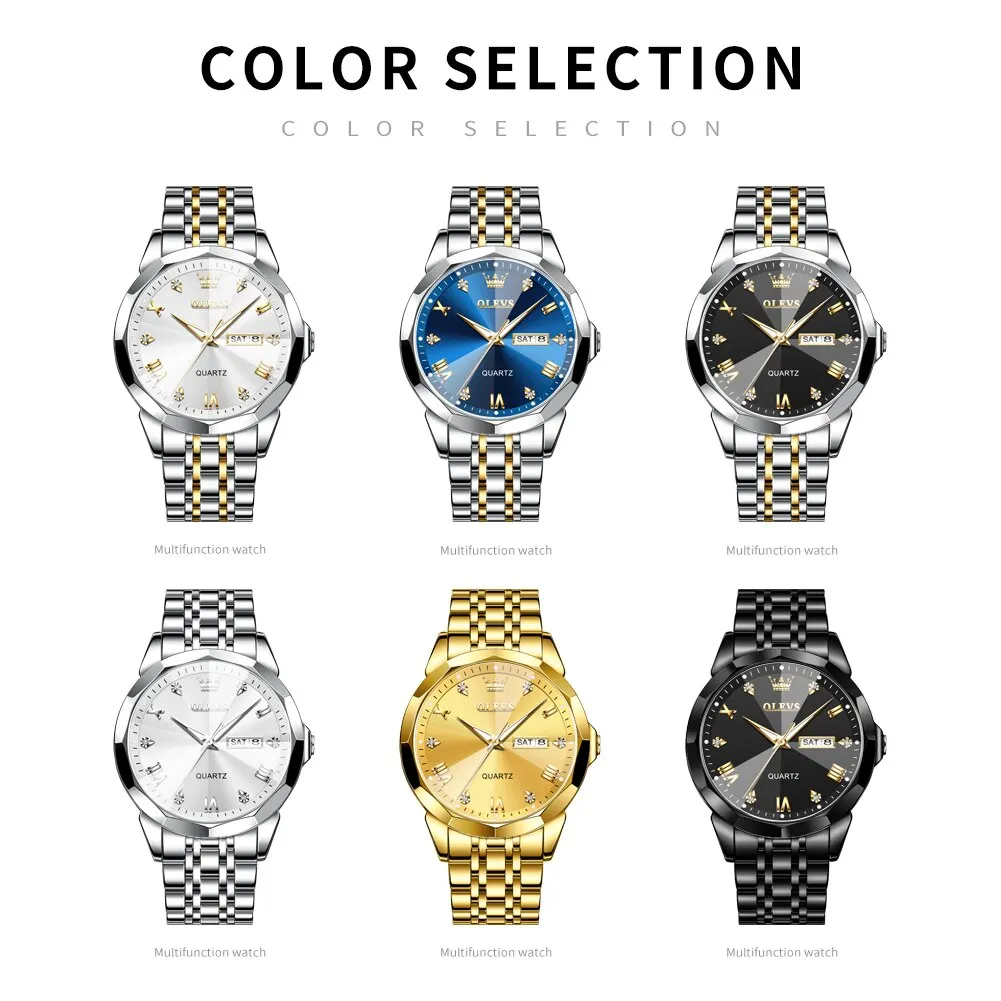 OLEVS Men's Watches Rhombus Mirror Original Quartz Watch for Man Waterproof Luminous Stainless Steel Wristwatch Male Date Week