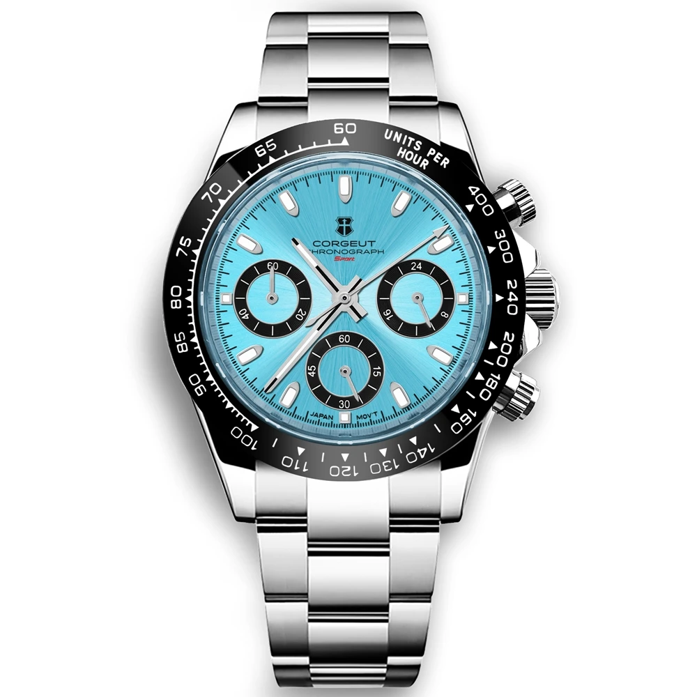CORGEUT VK63 40mm Chronograph Quartz Watch with Stainless Steel Case and 3-Subdial Layout