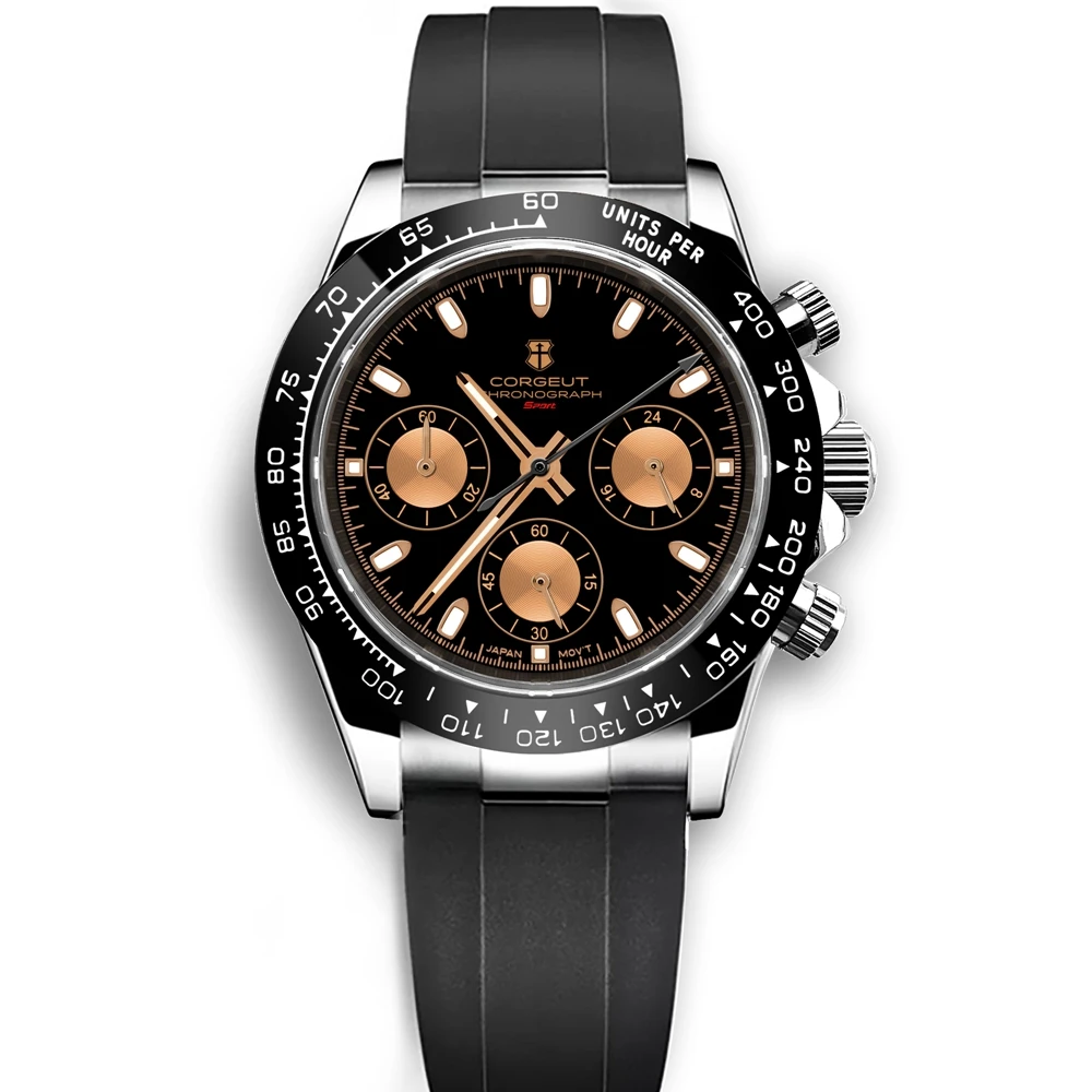 Luxury Corgeut Men Watch Sport 24 hours Multifunction Watches Rubber Strap Gold full chronograph Quartz Male Clock Men Watches