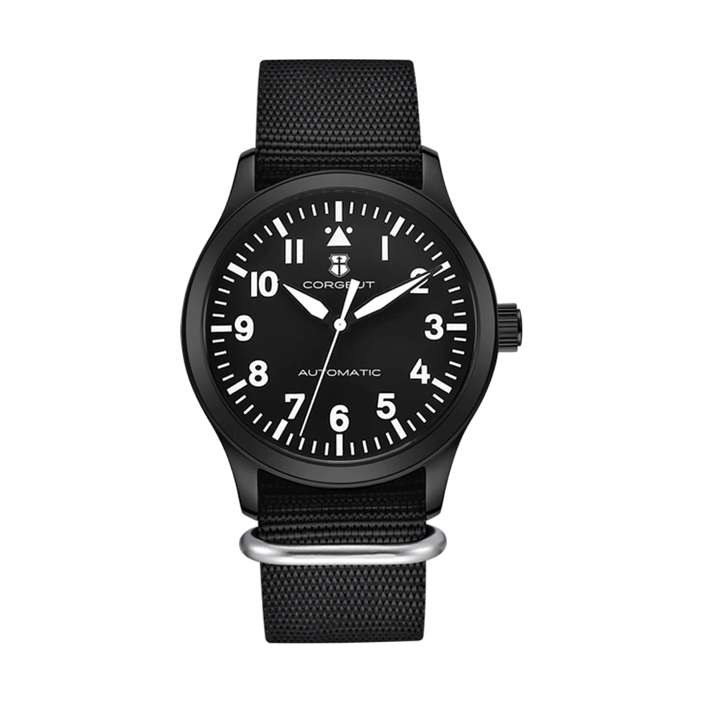 CORGEUT 42mm Automatic Field Watch with Black Dial and NATO STRAP