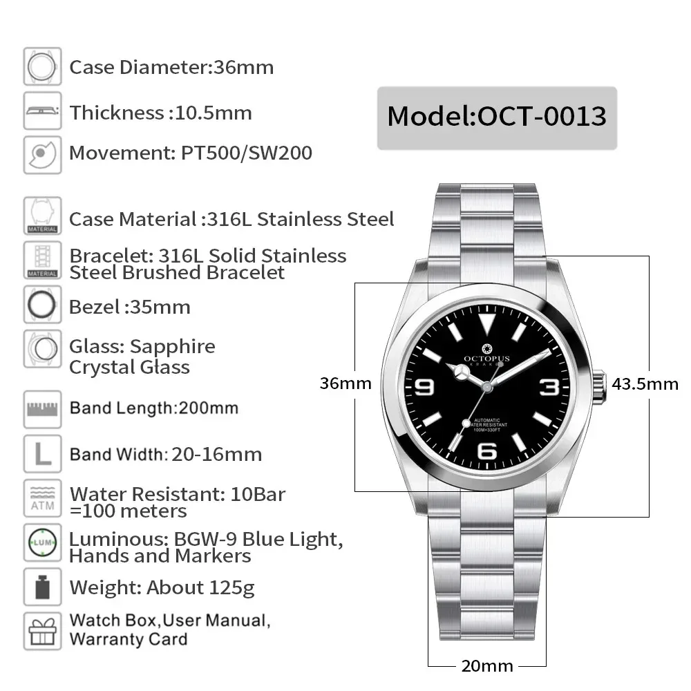 Octopus Kraken 36mm Vintage Watch PT5000 Automatic Movement Sapphire Crystal Luminous 10Bar Waterproof Mechanical Watches