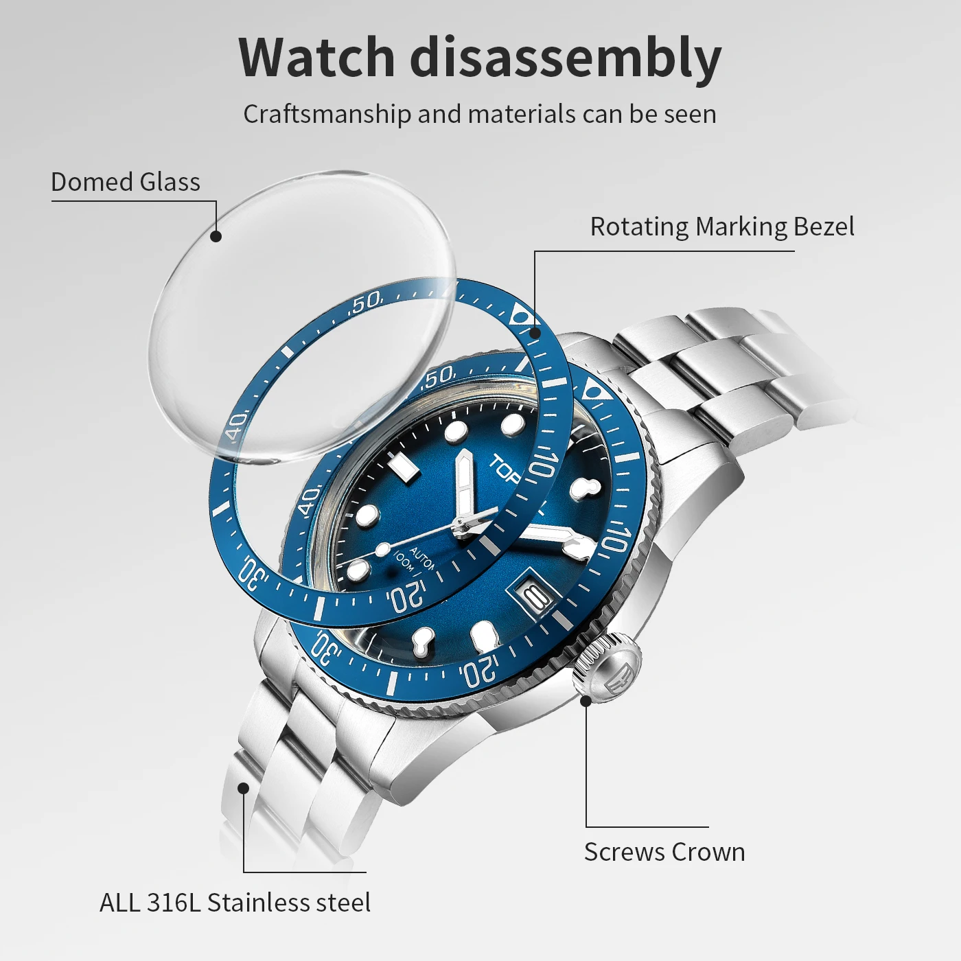 TOPHILL Watches Business Automatic Movement  NH35 Mechanical Watches 10bar waterproof