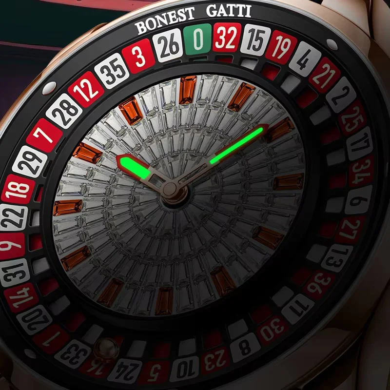 BONEST GATTI New Top Men Mechanical Watch Automatic Movement Arabic Numerals Rotating Dial Roulette Watch Diamond Luminous Hands