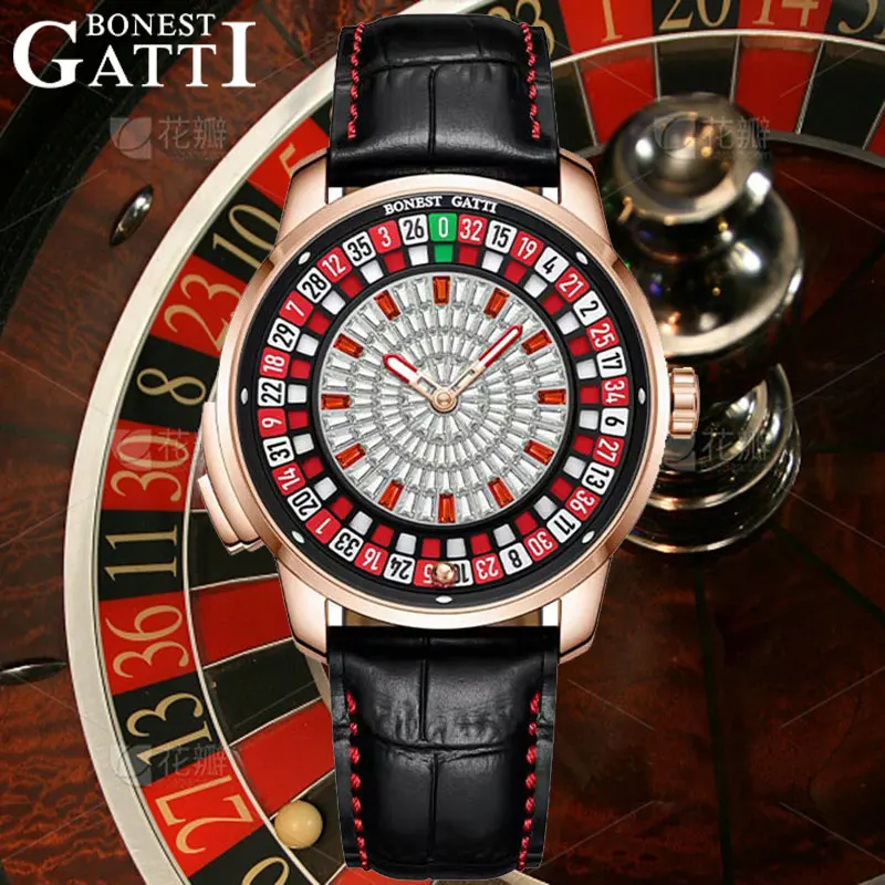 BONEST GATTI New Top Men Mechanical Watch Automatic Movement Arabic Numerals Rotating Dial Roulette Watch Diamond Luminous Hands