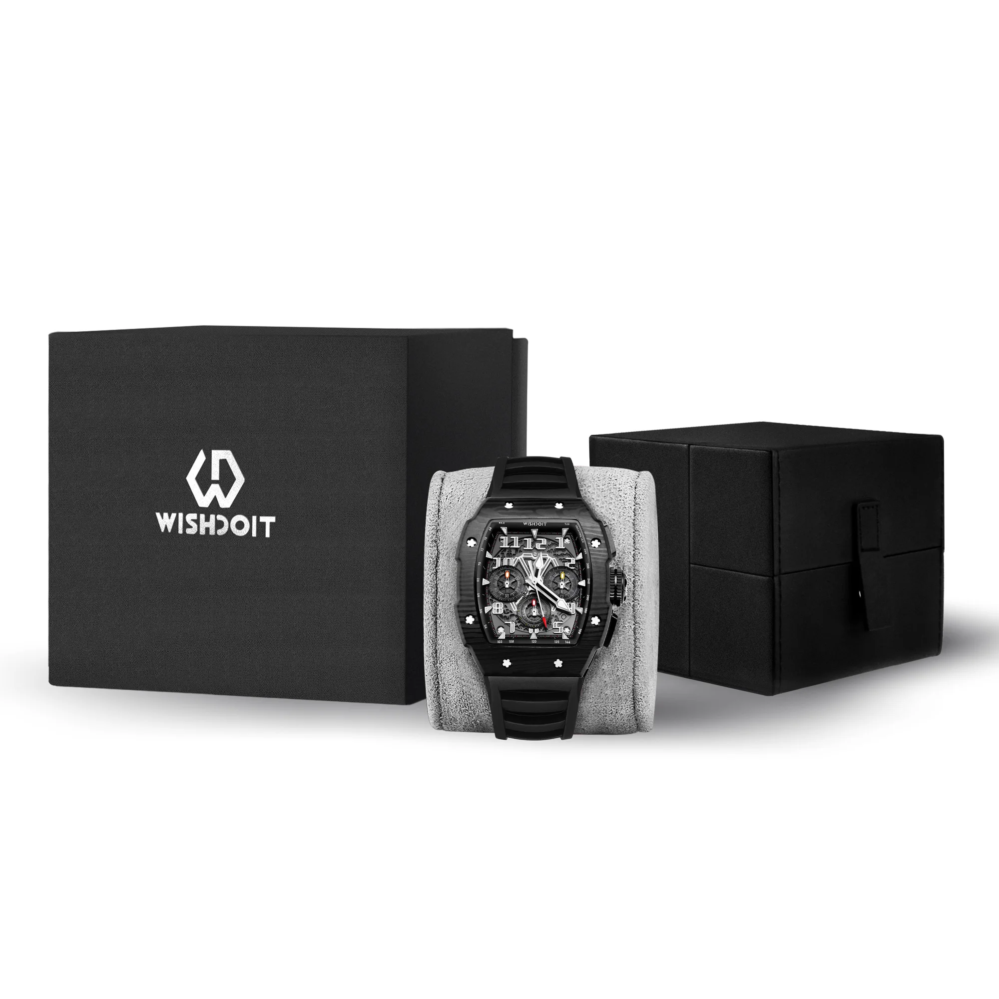 WISHDOIT Men Chronograph Watch VD53 Movement Luxury Tonneau Design Calendar Date Feature Luminous Hands Waterproof Rubber Strap
