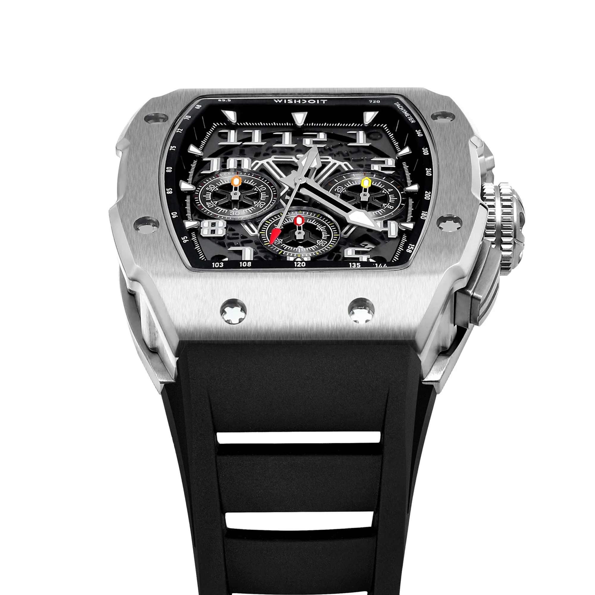 WISHDOIT Men Chronograph Watch VD53 Movement Luxury Tonneau Design Calendar Date Feature Luminous Hands Waterproof Rubber Strap