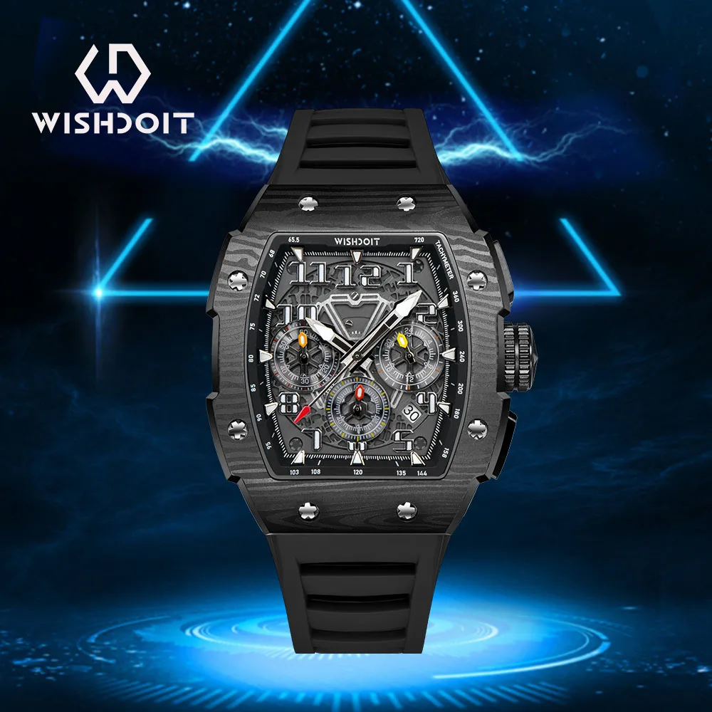 WISHDOIT Men Chronograph Watch VD53 Movement Luxury Tonneau Design Calendar Date Feature Luminous Hands Waterproof Rubber Strap