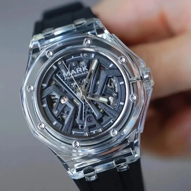Mark Fairwhale Men's Fashion Automatic Mechanical Watch Sporty Casual Style with Transparent Case Silicone Strap Waterproof