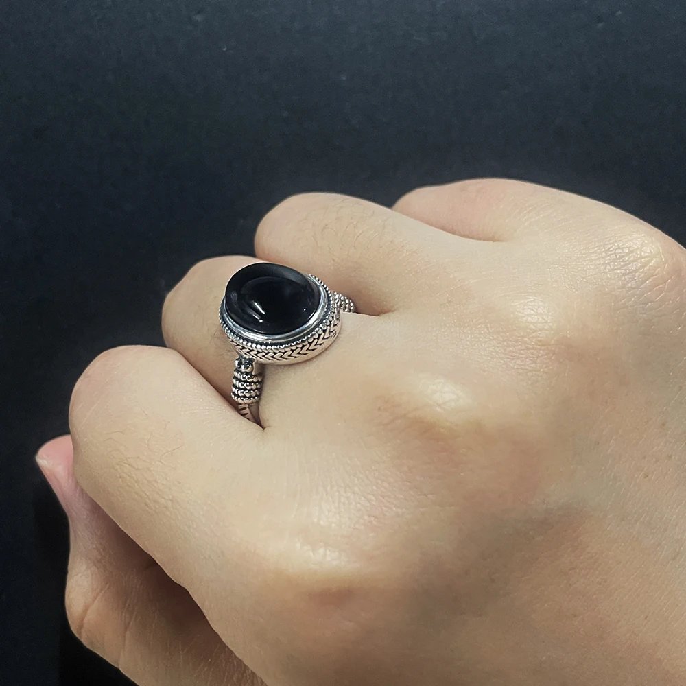 Vintage 925 Sterling Silver Rings Black Stone for Men and Women Oval Natural Agate Opening Type Fine Jewelry