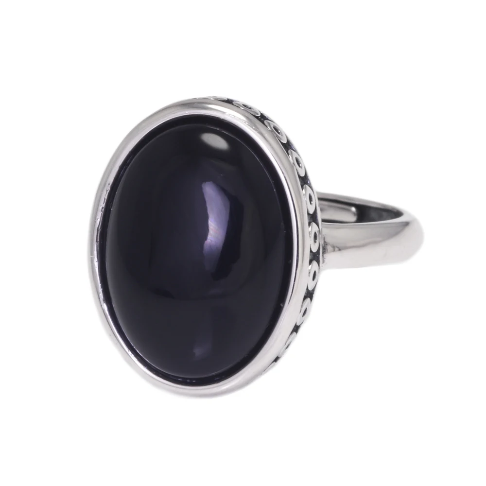 Vintage 925 Sterling Silver Rings Black Stone for Men and Women Oval Natural Agate Opening Type Fine Jewelry