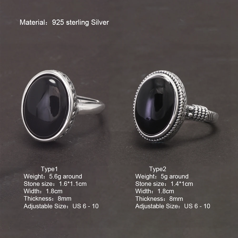 Vintage 925 Sterling Silver Rings Black Stone for Men and Women Oval Natural Agate Opening Type Fine Jewelry