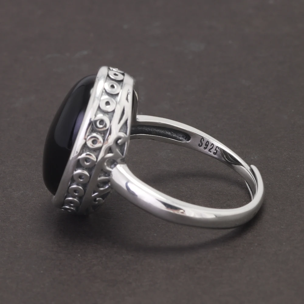 Vintage 925 Sterling Silver Rings Black Stone for Men and Women Oval Natural Agate Opening Type Fine Jewelry