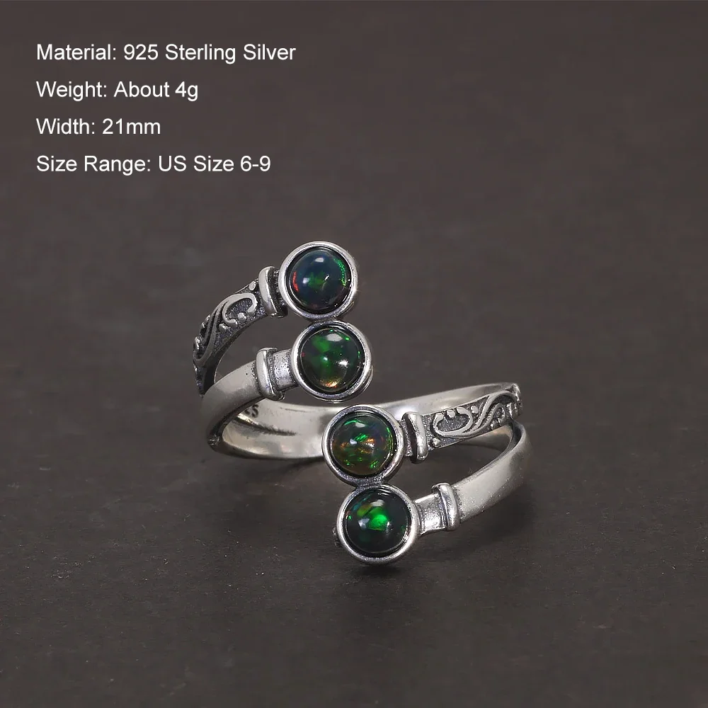 Natural Opal Ring for Women Real S925 Sterling Silver Vintage Style Opening Type Female Charm Jewelry