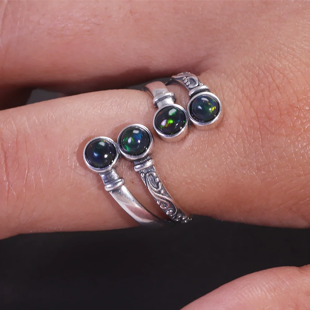 Natural Opal Ring for Women Real S925 Sterling Silver Vintage Style Opening Type Female Charm Jewelry