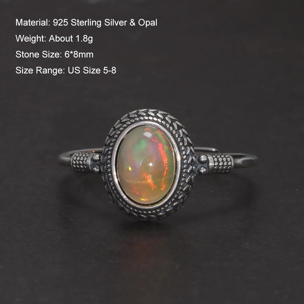 Vintage Opal Thin Ring for Women Antiqued 925 Sterling Silver Oval Shape Gemstone Adjustable Stackable Ring Jewelry Gift