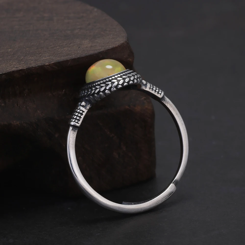 Vintage Opal Thin Ring for Women Antiqued 925 Sterling Silver Oval Shape Gemstone Adjustable Stackable Ring Jewelry Gift