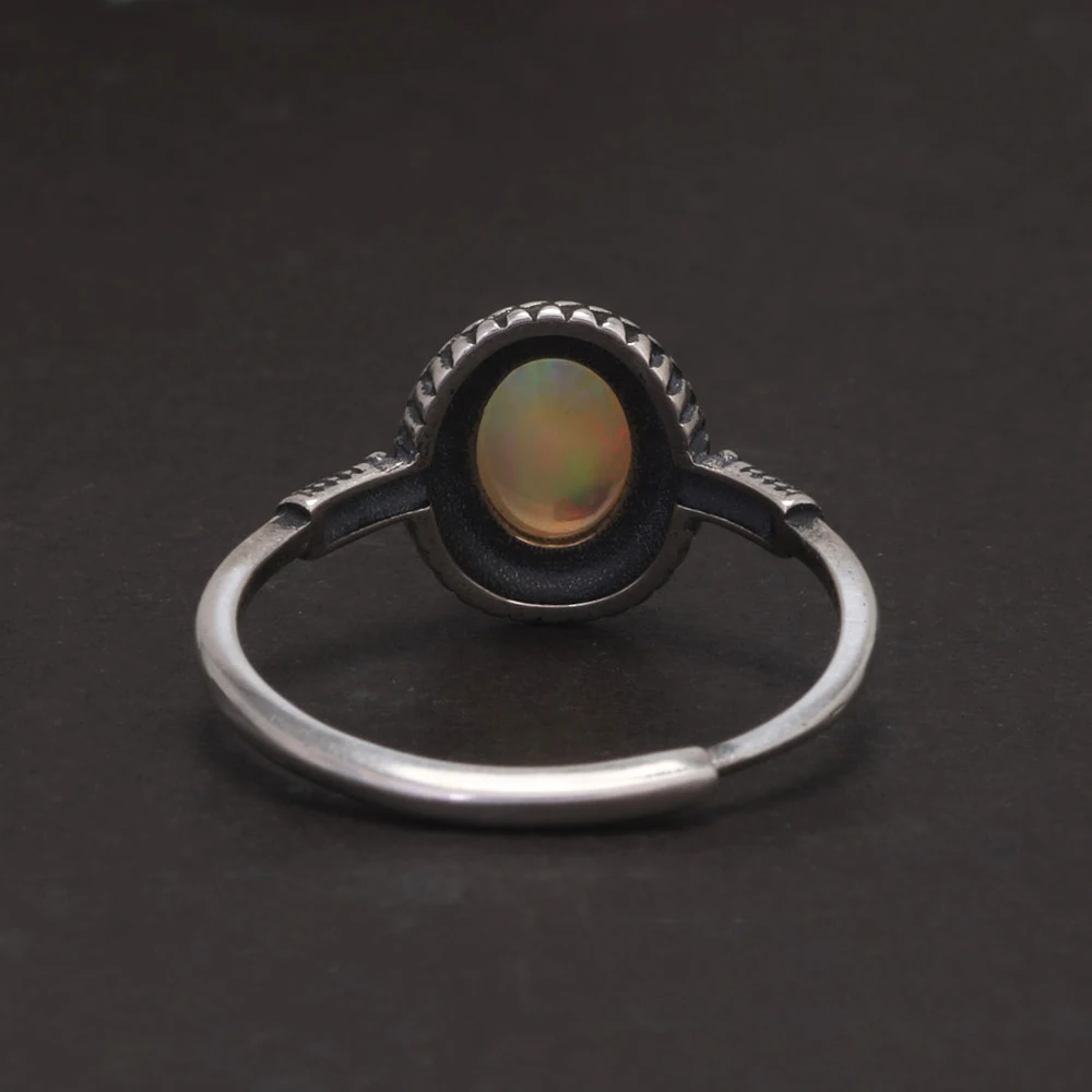 Vintage Opal Thin Ring for Women Antiqued 925 Sterling Silver Oval Shape Gemstone Adjustable Stackable Ring Jewelry Gift