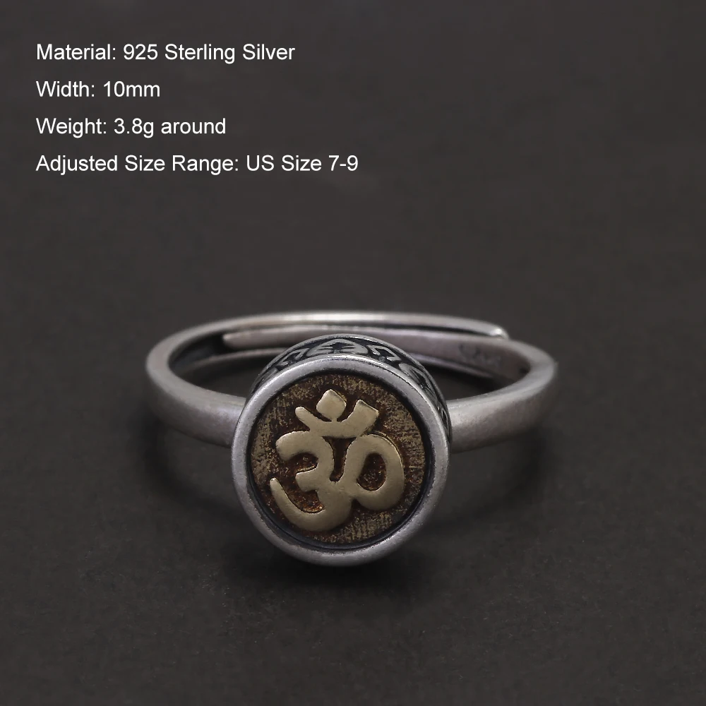 925 Sterling Silver Six Word Mantra Rotatable Ring for Women Men Vintage Buddhist Prayer Anti Stress Relieve Anxiety Jewelry