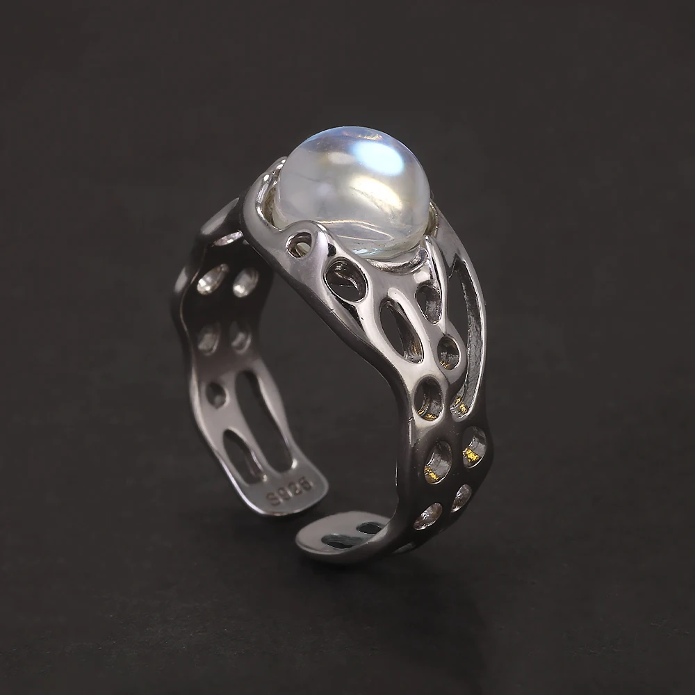 Authenic 925 Sterling Silver Opal Irregular Ring for Women Zircon Finger Rings Adjustable Vintage Y2K Fashion Jewelry