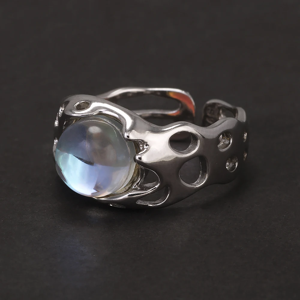 Authenic 925 Sterling Silver Opal Irregular Ring for Women Zircon Finger Rings Adjustable Vintage Y2K Fashion Jewelry