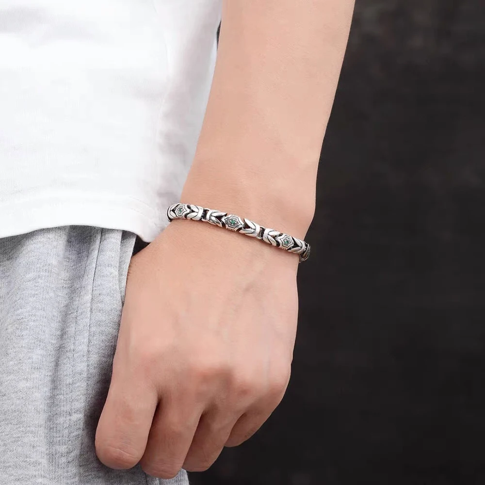 Real Pure 925 Sterling Silver 7mm Byzantine Bracelet for Men's Vintage Punk Set with Zircon Armband Jewelry Best Gift