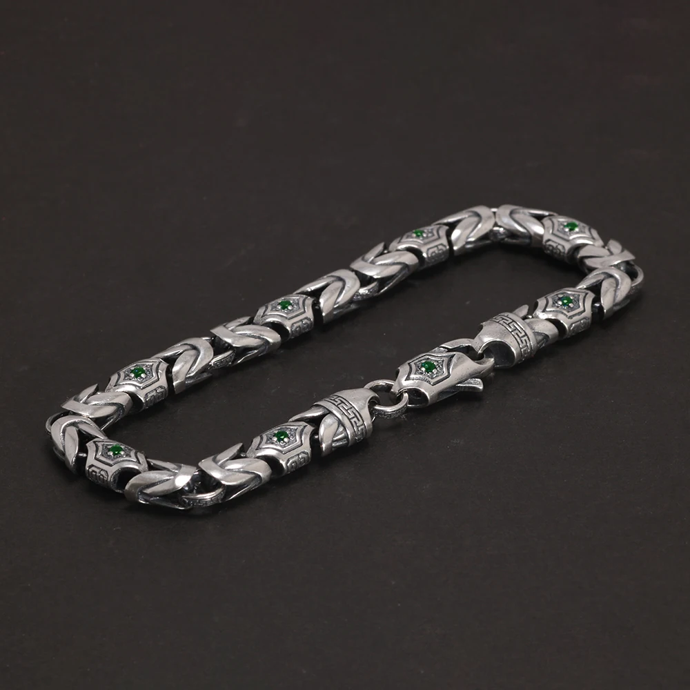 Real Pure 925 Sterling Silver 7mm Byzantine Bracelet for Men's Vintage Punk Set with Zircon Armband Jewelry Best Gift