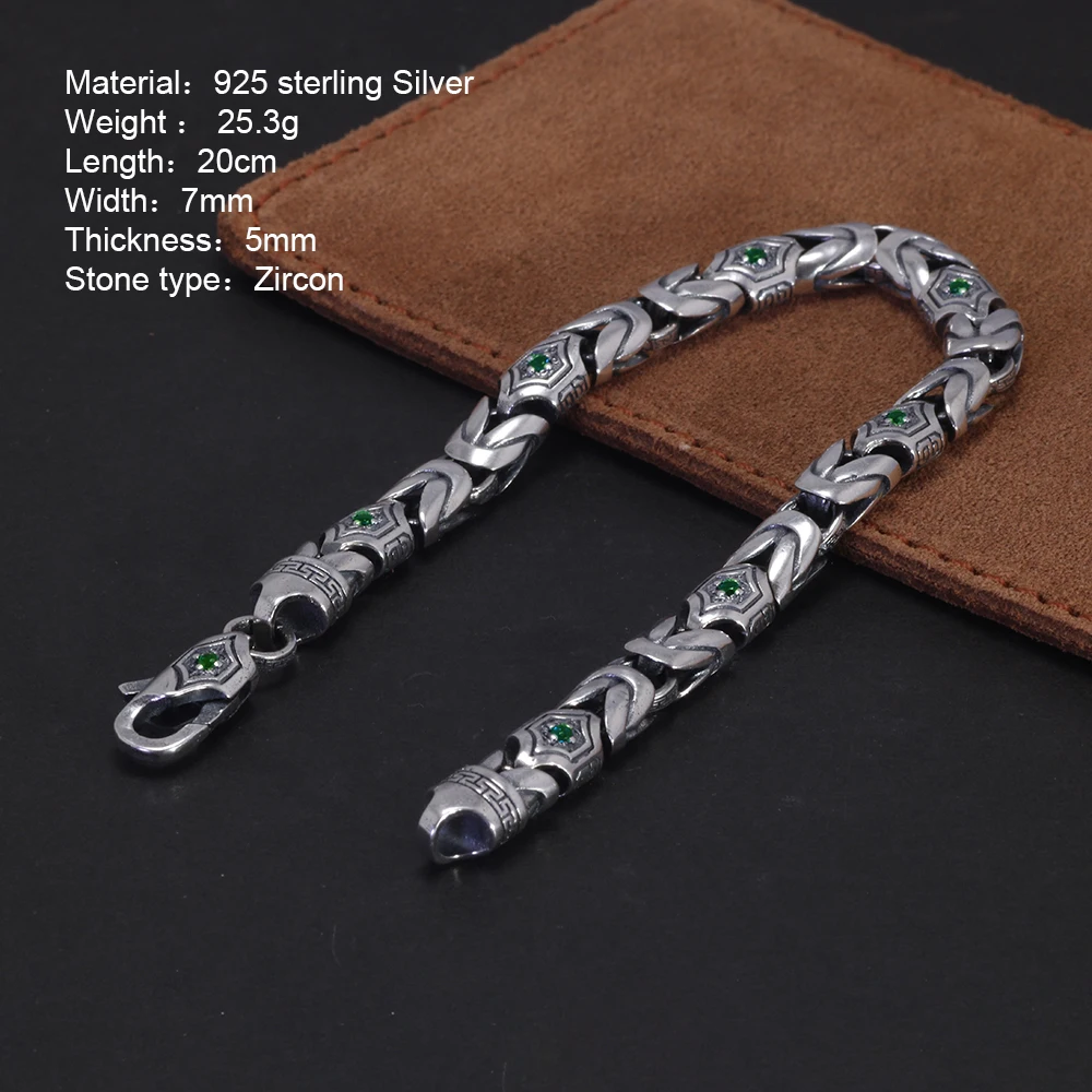 Real Pure 925 Sterling Silver 7mm Byzantine Bracelet for Men's Vintage Punk Set with Zircon Armband Jewelry Best Gift