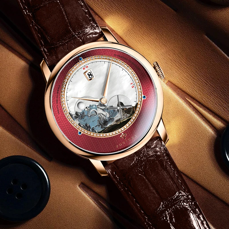 PONIGER Luxury Men's Watch Japanese Automatic Movement Landscape Painting Design Stainless Steel Waterproof Multifunction Clock