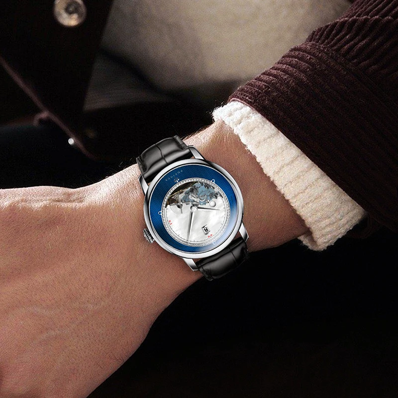 PONIGER Luxury Men's Watch Japanese Automatic Movement Landscape Painting Design Stainless Steel Waterproof Multifunction Clock