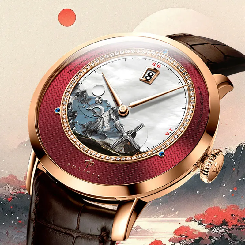 PONIGER Luxury Men's Watch Japanese Automatic Movement Landscape Painting Design Stainless Steel Waterproof Multifunction Clock