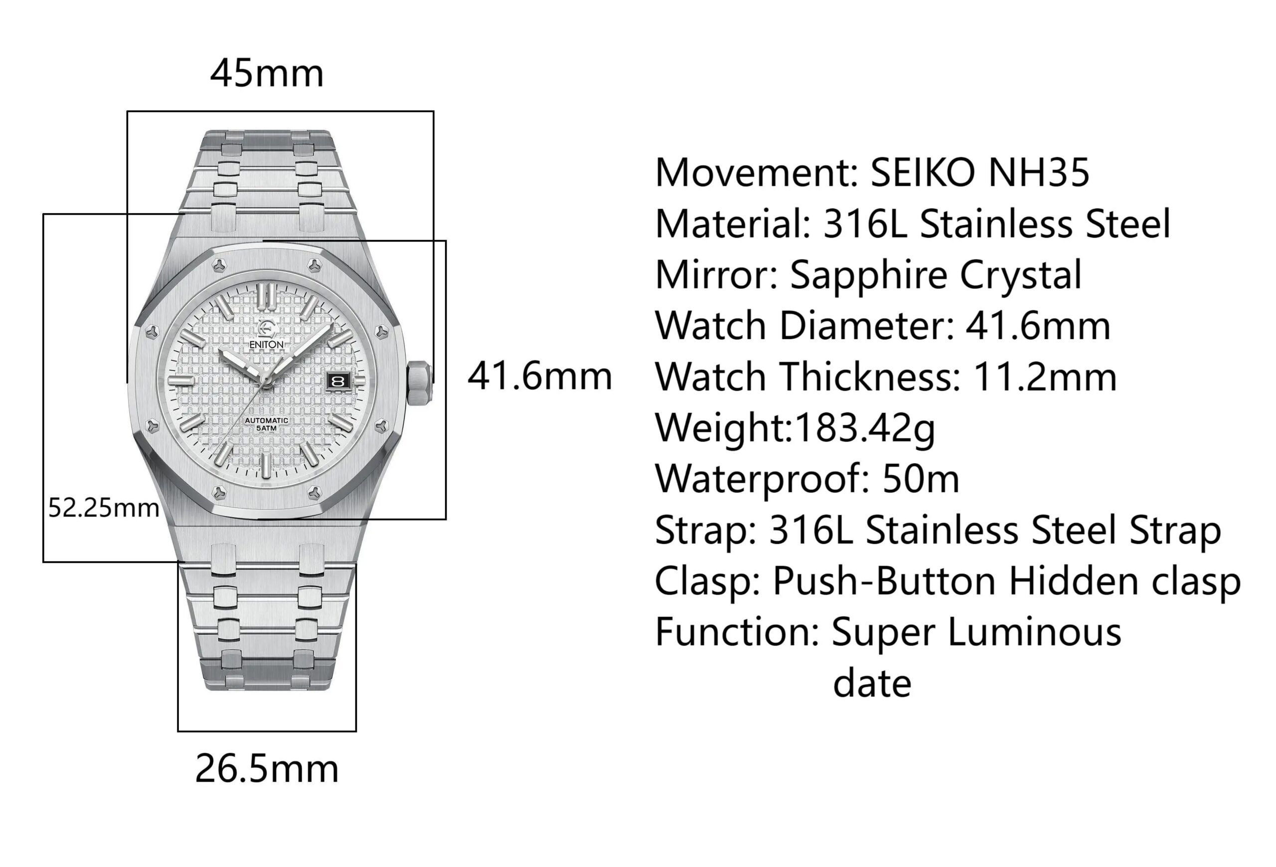 ENITON 41mm Business Luxury 316L Stainless Steel Transparent Case Back Automatic Mechanical Casual Watches for men