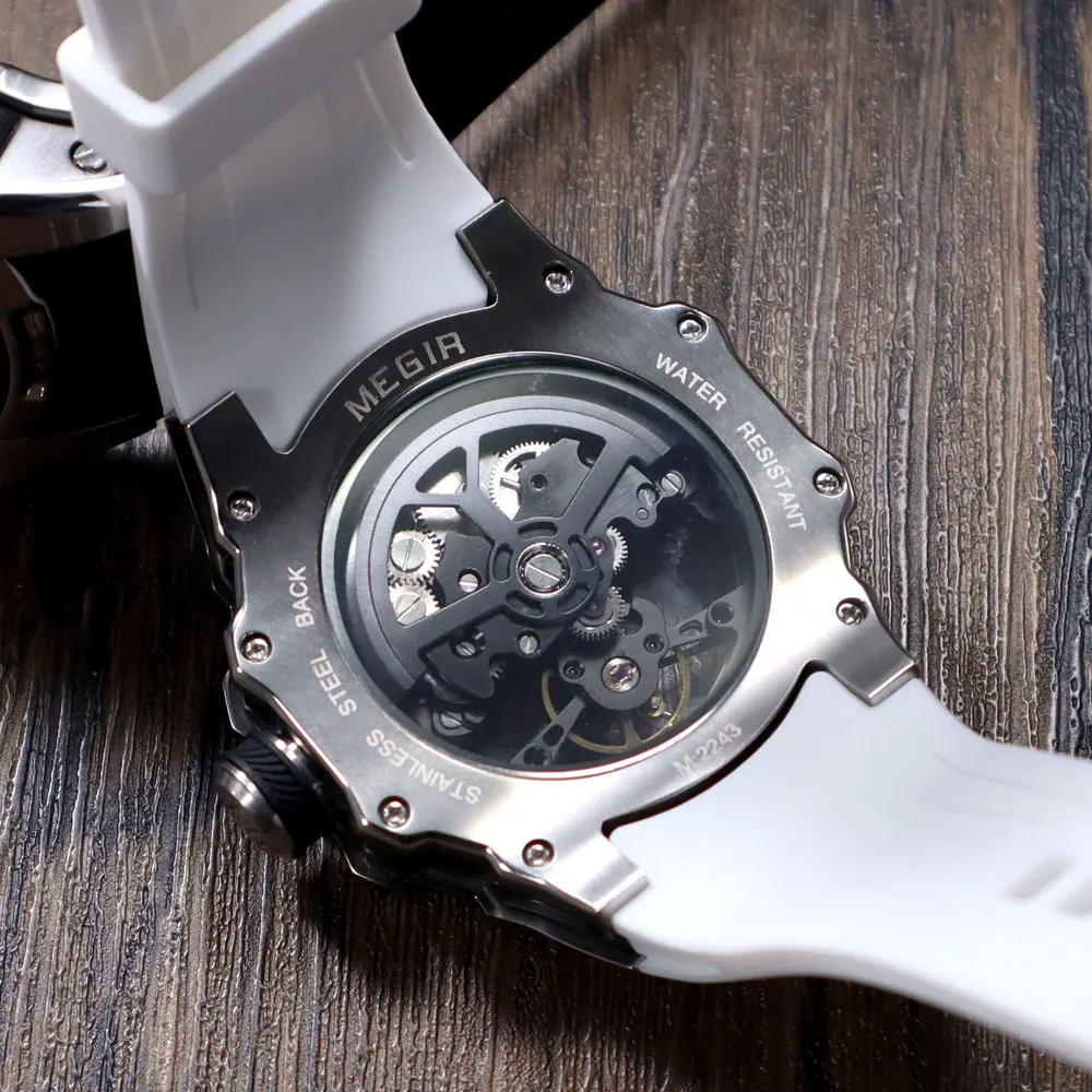 MEGIR Skeleton Dial Automatic Mechanical Watch Men Stainless Steel Case Waterproof Luminous Sport Wristwatch with Silicone Strap