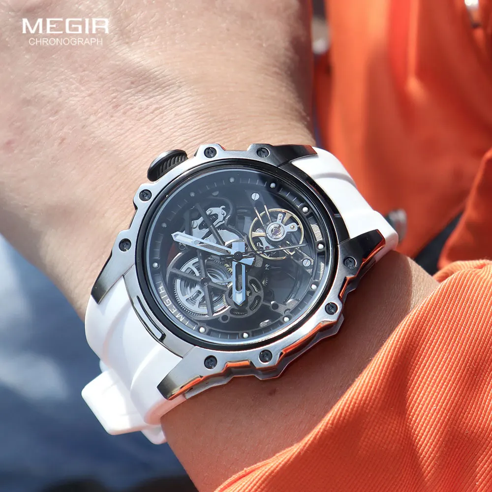 MEGIR Skeleton Dial Automatic Mechanical Watch Men Stainless Steel Case Waterproof Luminous Sport Wristwatch with Silicone Strap