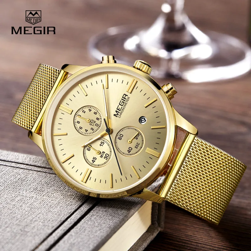 MEGIR fashion men's business quartz watches casual stainless steel mesh band wristwatch man luminous dress watch for male 2011G