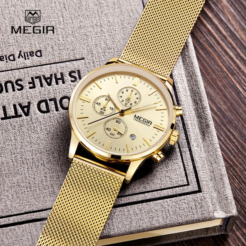 MEGIR fashion men's business quartz watches casual stainless steel mesh band wristwatch man luminous dress watch for male 2011G