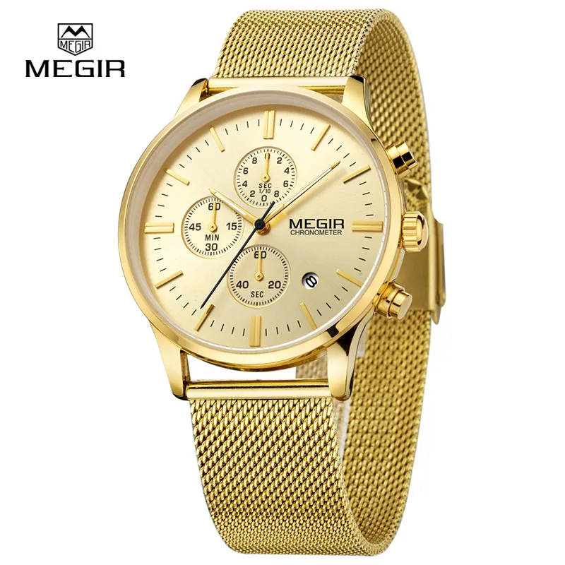 MEGIR fashion men's business quartz watches casual stainless steel mesh band wristwatch man luminous dress watch for male 2011G