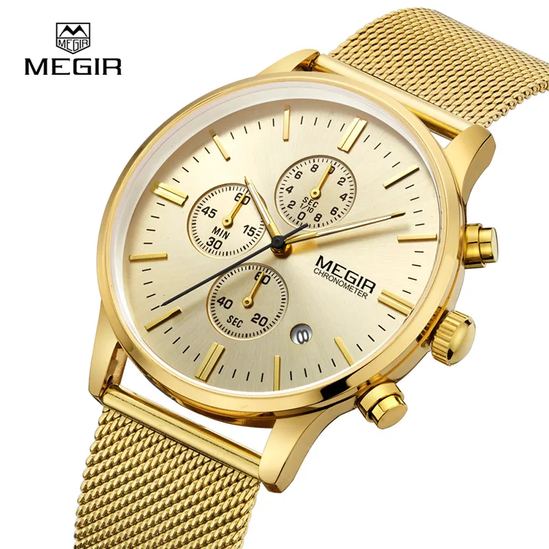 MEGIR fashion men's business quartz watches casual stainless steel mesh band wristwatch man luminous dress watch for male 2011G