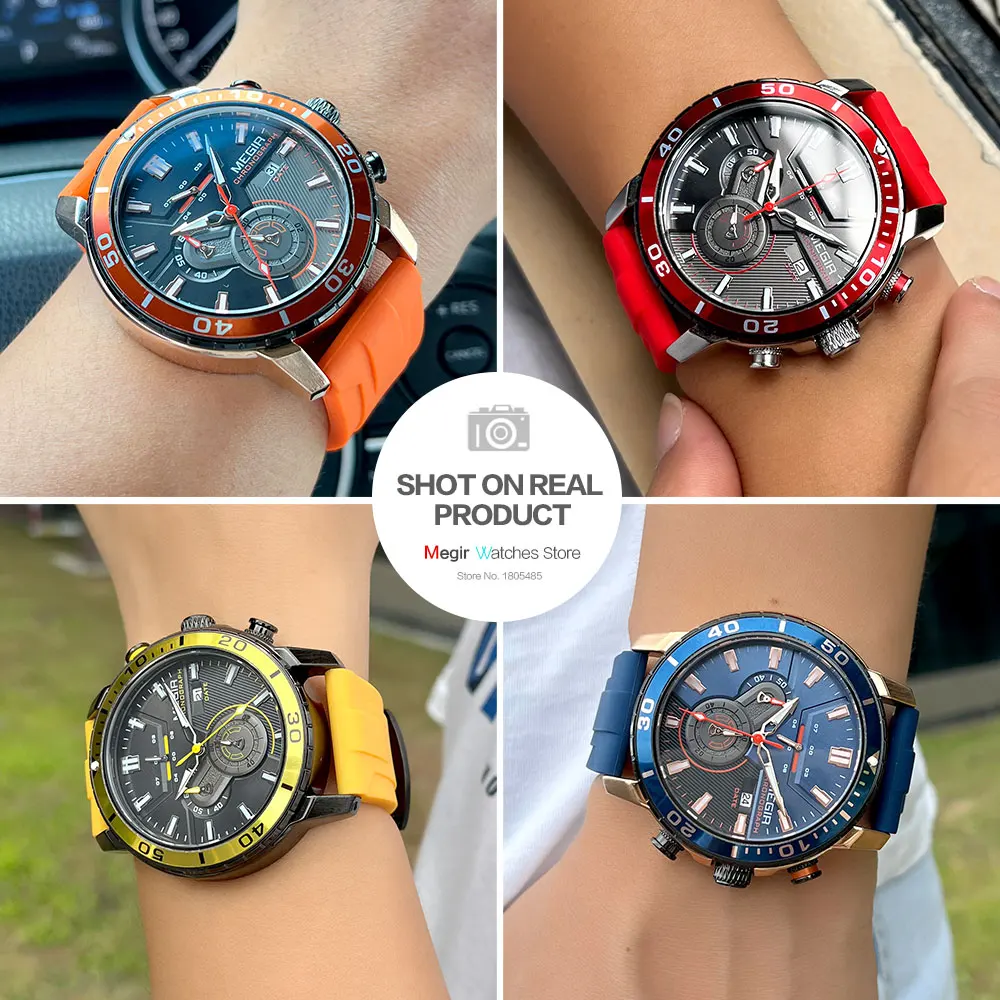 MEGIR Sport Quartz Watch Men Fashion Olive Green Silicone Strap Chronograph Waterproof Wristwatch with Auto Date Luminous Hands
