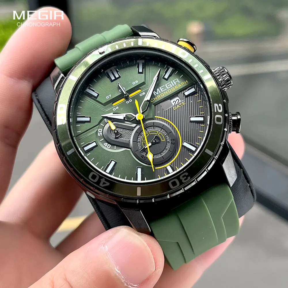 MEGIR Sport Quartz Watch Men Fashion Olive Green Silicone Strap Chronograph Waterproof Wristwatch with Auto Date Luminous Hands