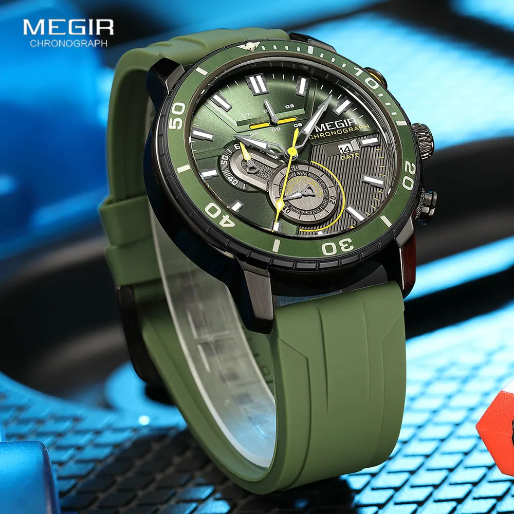 MEGIR Sport Quartz Watch Men Fashion Olive Green Silicone Strap Chronograph Waterproof Wristwatch with Auto Date Luminous Hands