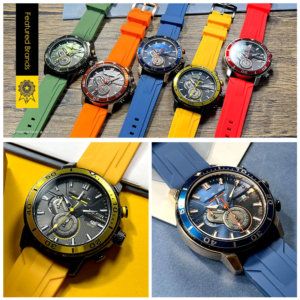 MEGIR Sport Quartz Watch Men Fashion Olive Green Silicone Strap Chronograph Waterproof Wristwatch with Auto Date Luminous Hands