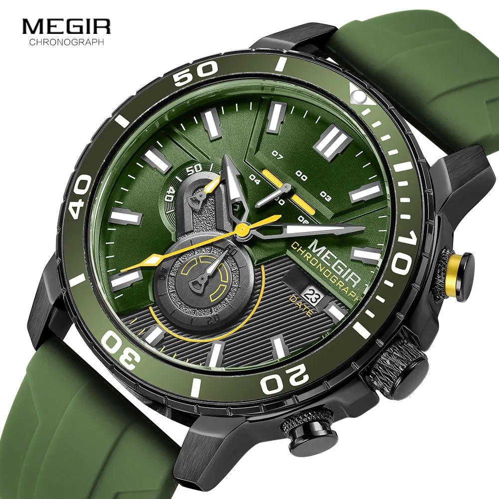 MEGIR Sport Quartz Watch Men Fashion Olive Green Silicone Strap Chronograph Waterproof Wristwatch with Auto Date Luminous Hands