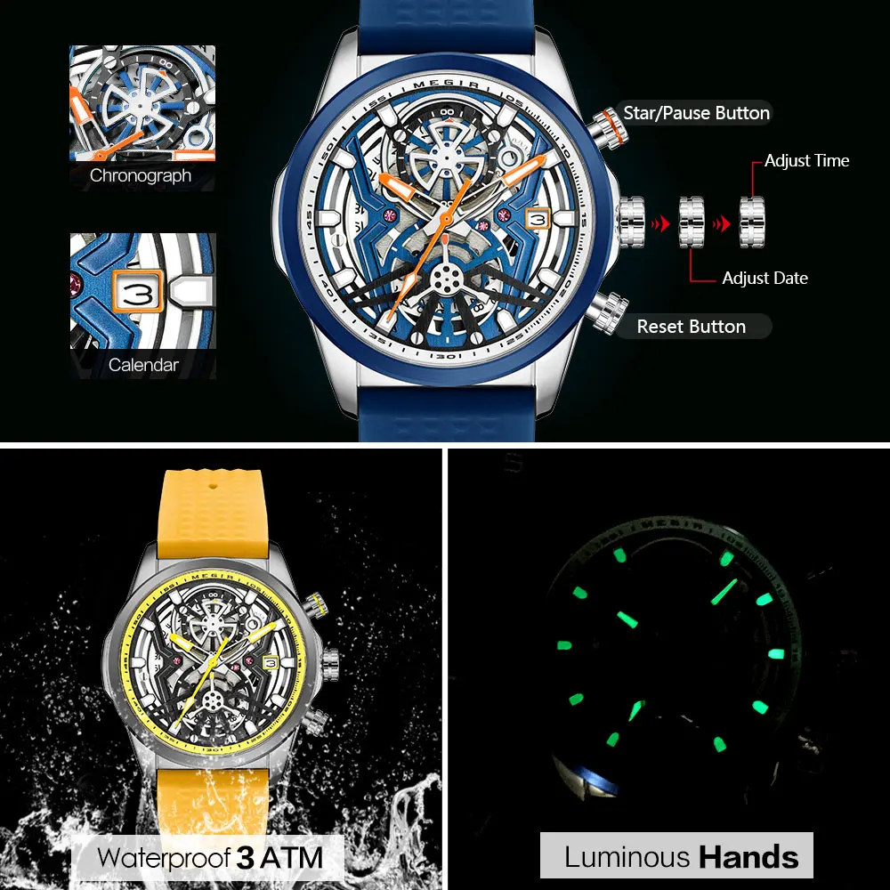 MEGIR Chronograph Quartz Watch Men Fashion Waterproof Yellow Silicone Strap Sport Wristwatch with Luminous Hands Auto Date 2235