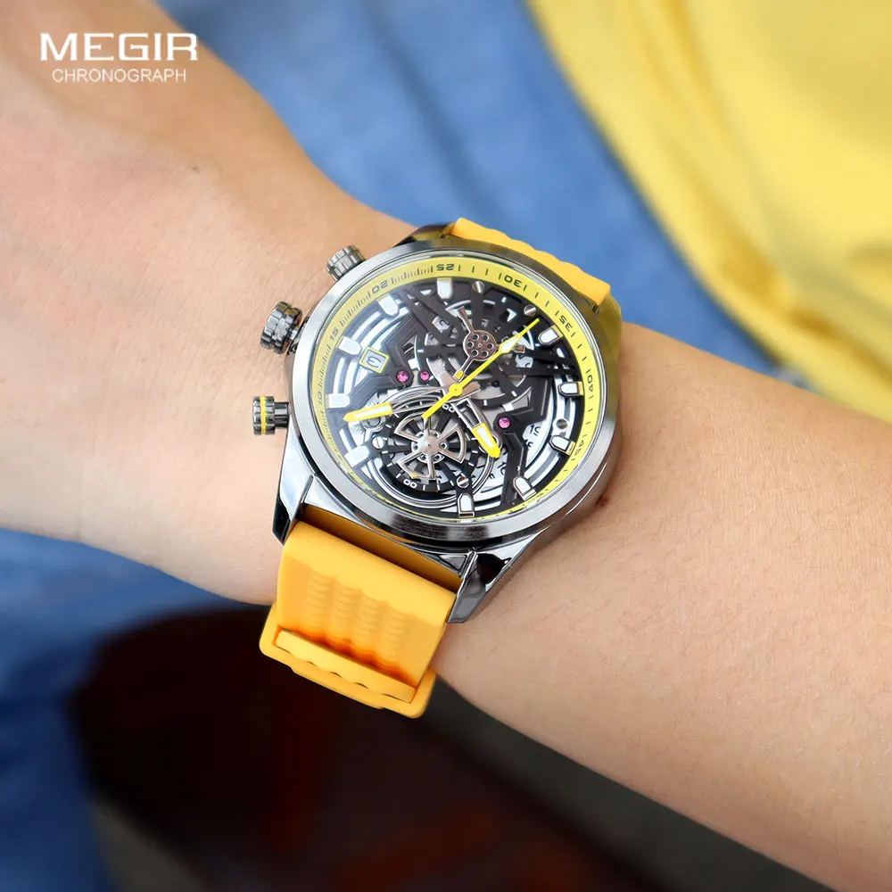 MEGIR Chronograph Quartz Watch Men Fashion Waterproof Yellow Silicone Strap Sport Wristwatch with Luminous Hands Auto Date 2235