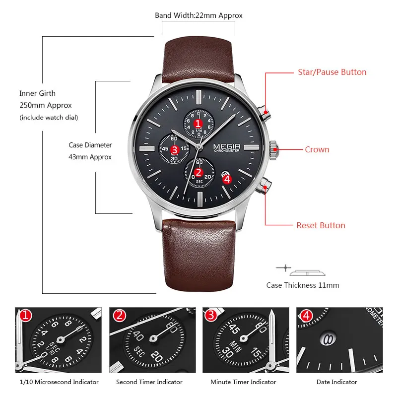 Megir quartz watches men luminous waterproof sports watch man commercial leather wristwatch 2011 free shipping