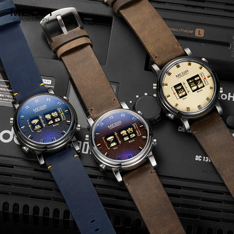 MEGIR Drum Roller Watch Men Top Luxury Brand Man Military Sport Quartz Wrist Watches Blue Leather Digital relogio masculino 2137