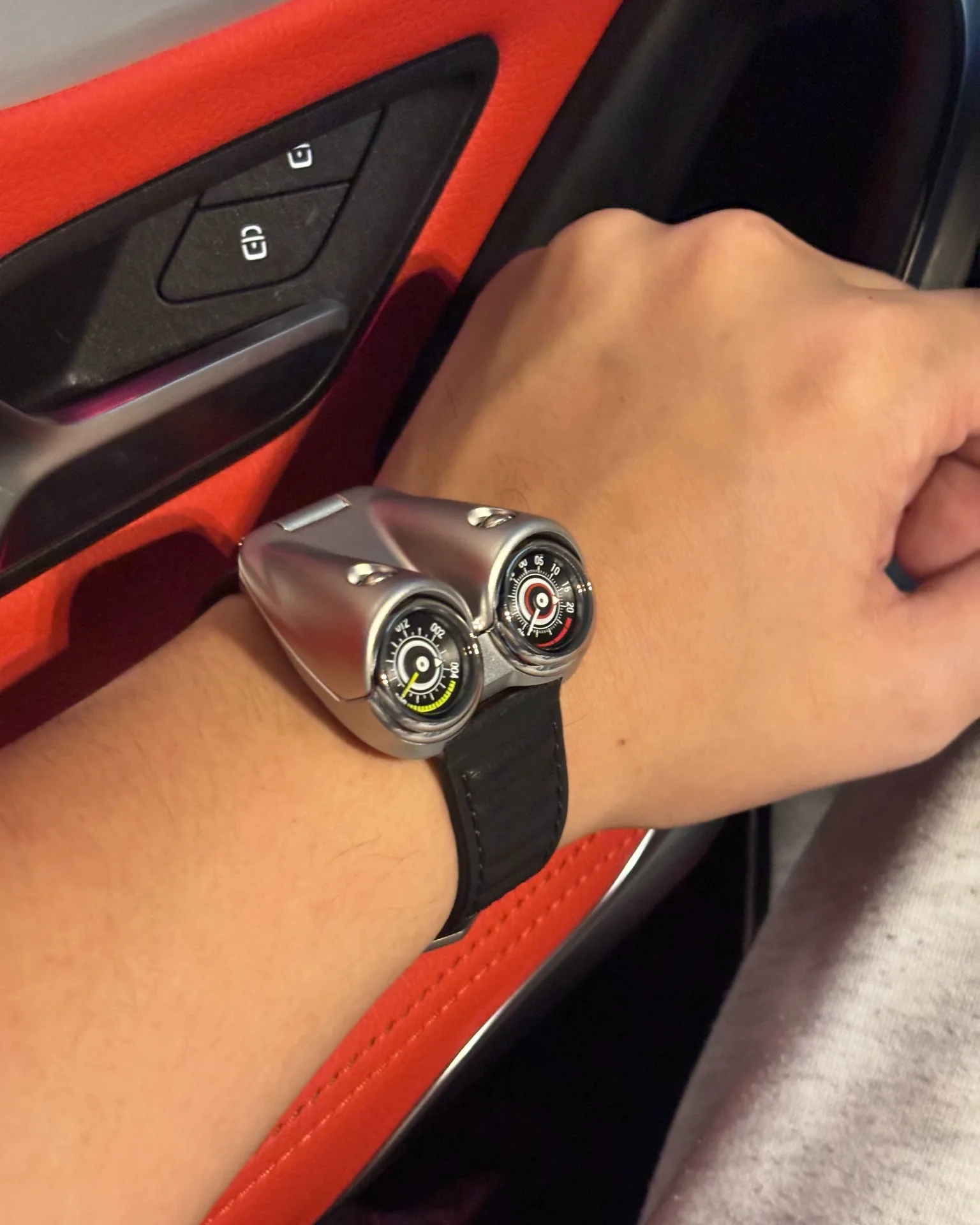 BENLYDESIGN TT Turbo M4 racing-inspired dual time watch with flip-up hood design and leather strap.