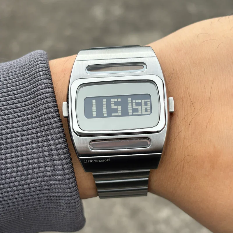 BENLYDESIGN G100 retro Y2K digital watch with scrolling LCD display, solar-assist power, and silver square case.